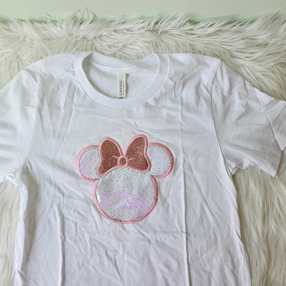 New Pink Sequin Minnie Mouse T-Shirt Adult S - Picture 4 of 5